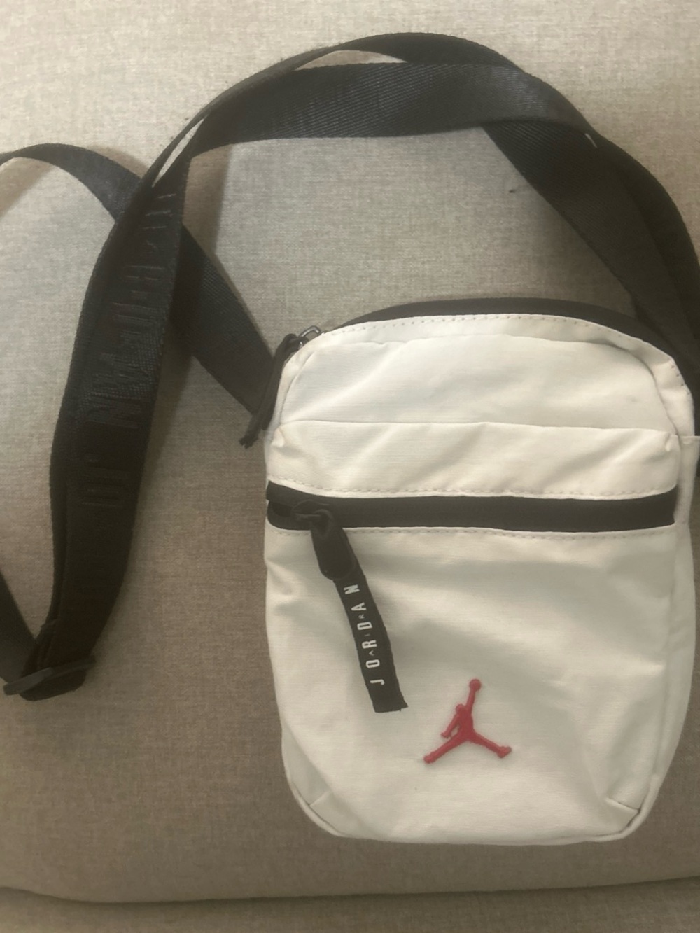 Jordan White Crossbody Bag with Red Jumpman and Black Strap